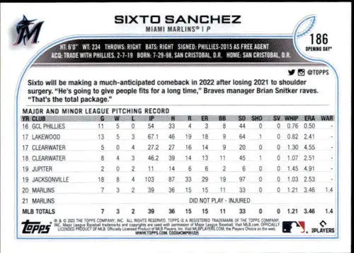 2022 Topps Opening Day #186 Sixto Sanchez NM-MT Marlins ID:40458 - Baseball Card Single