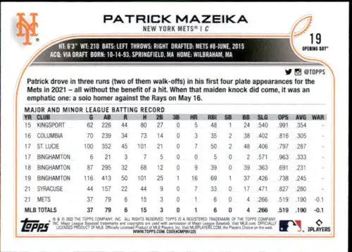 Original gloss of Patrick Mazeika baseball card from 2022 Topps Opening Day sports cards collection