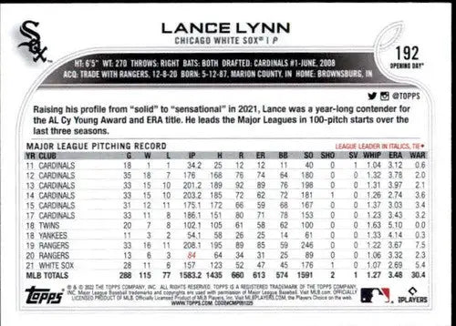 2022 Topps Opening Day #192 Lance Lynn NM-MT White Sox ID:40464 - Baseball Card Single