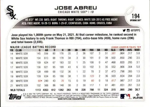 2022 Topps Opening Day #194 Jose Abreu NM-MT White Sox ID:41906 - Baseball Card Single