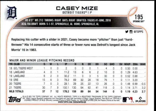 2022 Topps Opening Day #195 Casey Mize NM-MT Tigers ID:41907 - Baseball Card Single
