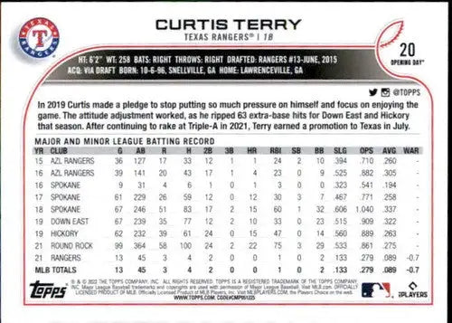 2022 Topps Opening Day #20 Curtis Terry NM-MT RC Rookie Rangers - Baseball Card Single
