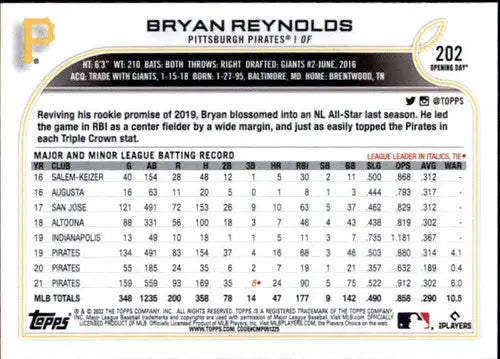 2022 Topps Opening Day #202 Bryan Reynolds NM-MT Pirates ID:40473 - Baseball Card Single