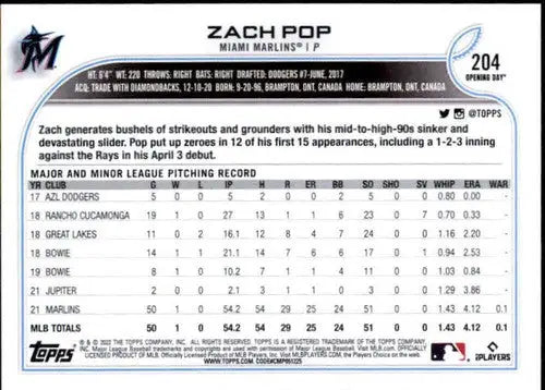 2022 Topps Opening Day #204 Zach Pop NM-MT RC Rookie Marlins ID:40475 - Baseball Card Single