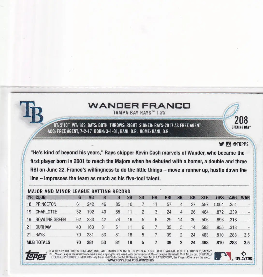 2022 TOPPS OPENING DAY #208 WANDER FRANCO- TAMPA BAY RAYS - Baseball Card Single