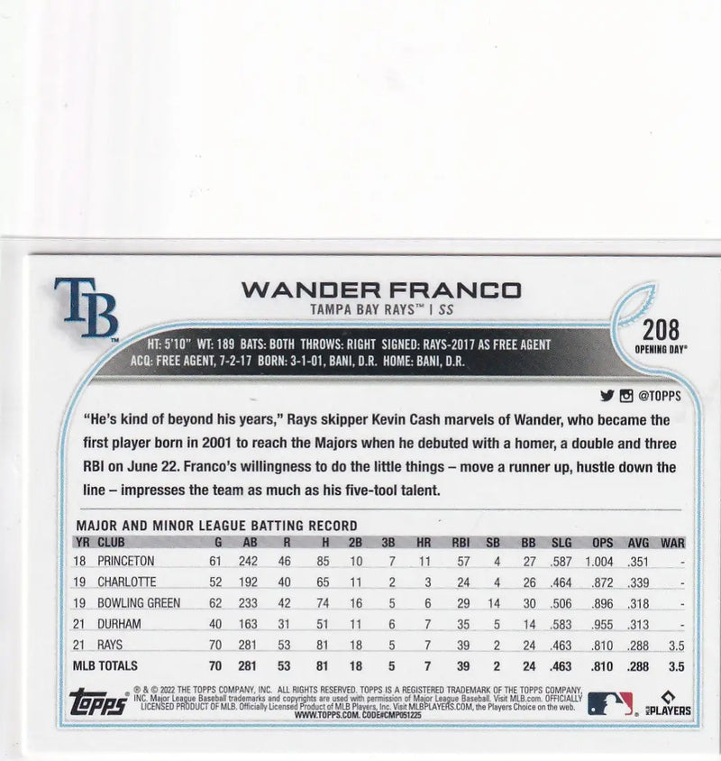 2022 TOPPS OPENING DAY #208 WANDER FRANCO- TAMPA BAY RAYS - Baseball Card Single