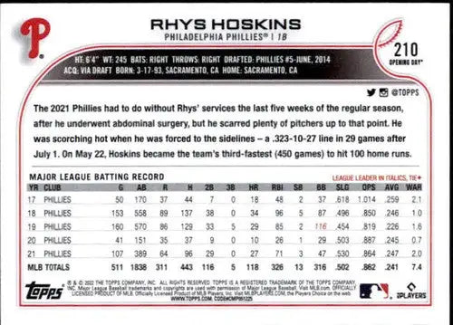 2022 Topps Opening Day #210 Rhys Hoskins NM-MT Phillies ID:41913 - Baseball Card Single