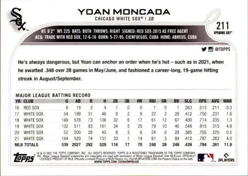 2022 Topps Opening Day #211 Yoan Moncada NM-MT White Sox ID:40480 - Baseball Card Single