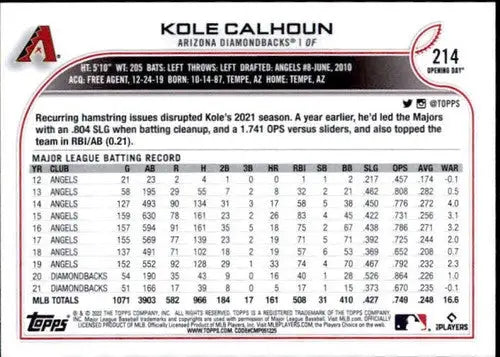 2022 Topps Opening Day #214 Kole Calhoun NM-MT Diamondbacks ID:40483 - Baseball Card Single