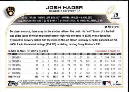 2022 Topps Opening Day #29 Josh Hader NM-MT Brewers - Baseball Card Single
