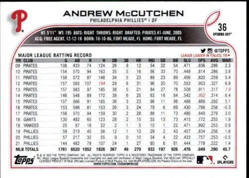 2022 Topps Opening Day #36 Andrew McCutchen NM-MT Phillies - Baseball Card Single