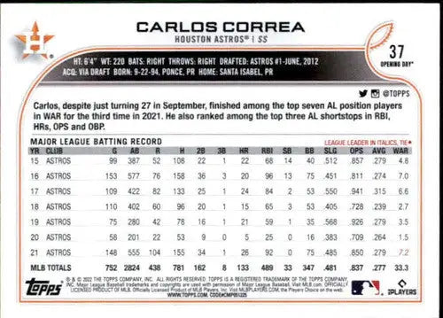 2022 Topps Opening Day #37 Carlos Correa NM-MT Astros - Baseball Card Single