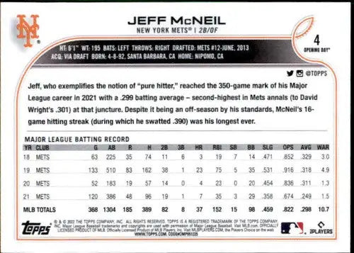 2022 Topps Opening Day #4 Jeff McNeil NM-MT Mets - Baseball Card Single