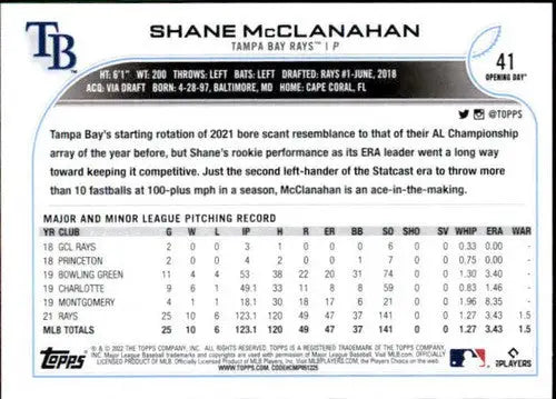 2022 Topps Opening Day #41 Shane McClanahan NM-MT Rays - Baseball Card Single