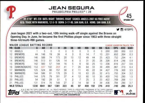 2022 Topps Opening Day #45 Jean Segura NM-MT Phillies - Baseball Card Single