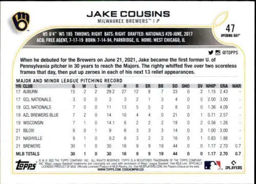 2022 Topps Opening Day #47 Jake Cousins NM-MT RC Rookie Brewers - Baseball Card Single