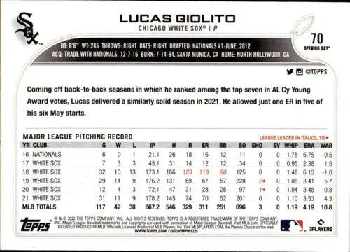 2022 Topps Opening Day #70 Lucas Giolito NM-MT White Sox - Baseball Card Single