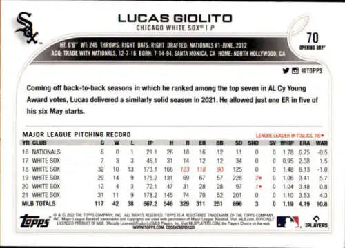 Baseball card back featuring Original Gloss from 2022 Topps Opening Day Lucas Giolito White Sox