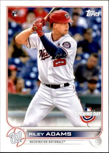 2022 Topps Opening Day Riley Adams baseball card featuring original gloss and Rookie Nationals