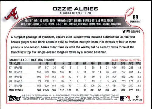Ozzie Albies baseball card from 2022 Topps Opening Day with original gloss sports card