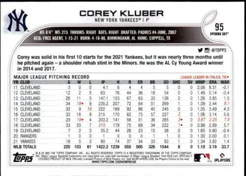 2022 Topps Opening Day Corey Kluber baseball card with original gloss Yankees ID 41852