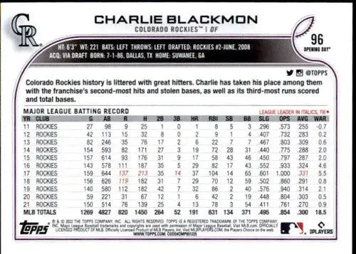 2022 Topps Opening Day #96 Charlie Blackmon NM-MT Rockies - Baseball Card Single