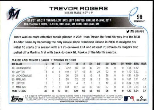 2022 Topps Opening Day #98 Trevor Rogers NM-MT Marlins - Baseball Card Single