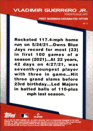 2022 Topps Opening Day Bomb Squad #BS-12 Vladimir Guerrero Jr. NM-MT Blue Jays - Baseball Card Single