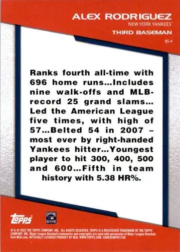 2022 Topps Opening Day Bomb Squad #BS-4 Alex Rodriguez NM-MT Yankees - Baseball Card Single