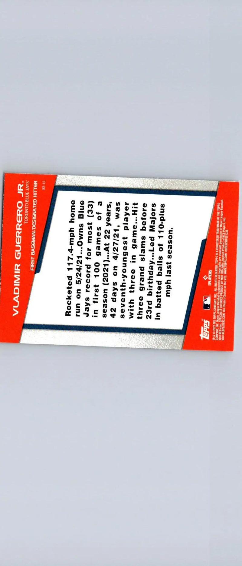 Vladimir Guerrero Jr. Bomb Squad Baseball Card from 2022 Topps Opening Day collection