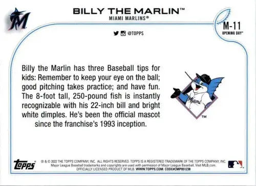 2022 Topps Opening Day Mascot Billy the Marlin baseball card back with original gloss