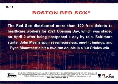 Baseball card back featuring original gloss of Simply Sandoval Boston Red Sox 2022 Topps Opening Day