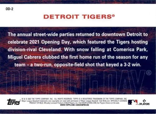 2022 Topps Opening Day Opening Day #OD-2 Detroit Tigers NM-MT - Baseball Card Single