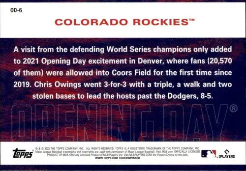 2022 Topps Opening Day Opening Day #OD-6 Colorado Rockies NM-MT - Baseball Card Single