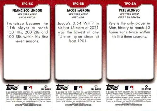 Original gloss of 2022 Topps Opening Day Triple Play sports cards featuring Pete Alonso and Jacob deGrom