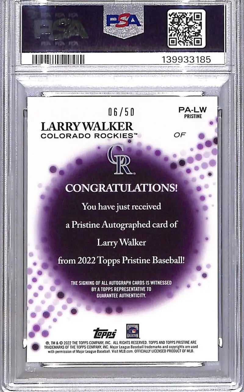 2022 Topps Pristine Gold #PA-LW Larry Walker PSA 9 MINT Auto 6/50 Colorado Rockies
