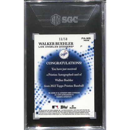 2022 Topps Pristine Pristine Gold #PA-WB Walker Buehler SGC 10 Gem Auto 13/50 Los Angeles Dodgers  Image 2