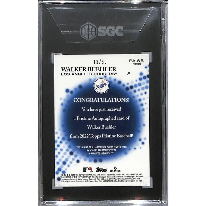 2022 Topps Pristine Pristine Gold #PA-WB Walker Buehler SGC 10 Gem Auto 13/50 Los Angeles Dodgers - Baseball Card Single