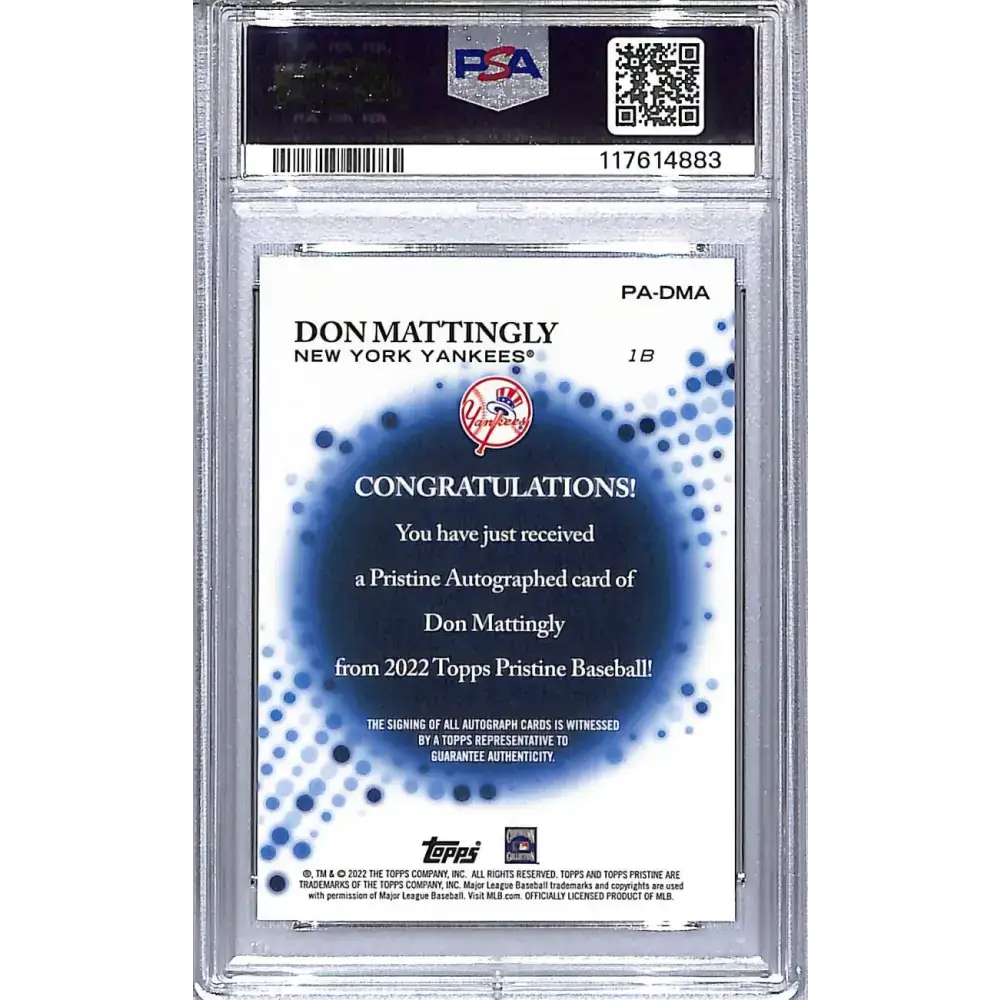 2022 Topps Pristine #PA-DMA Don Mattingly PSA 10 GEM MINT Auto New York Yankees - Baseball Card Single