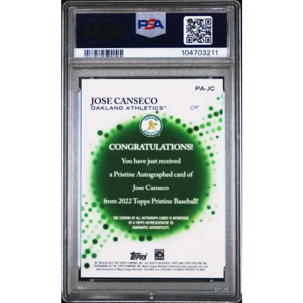 2022 Topps Pristine #PA-JC Jose Canseco PSA 10 GEM MINT Auto Oakland Athletics Baseball Card - Baseball Card Single