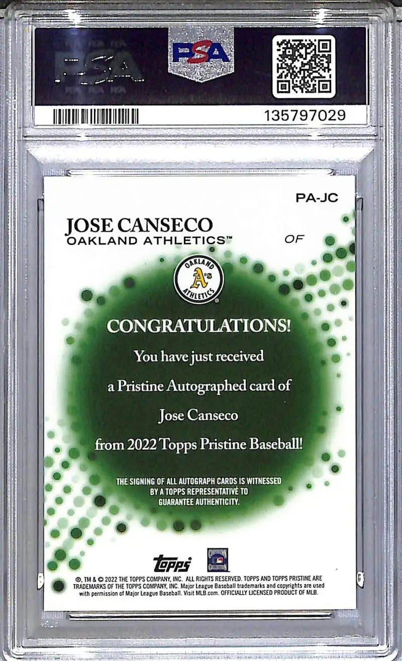 2022 Topps Pristine #PA-JC Jose Canseco PSA 9 MINT Auto Oakland Athletics - Baseball Card Single