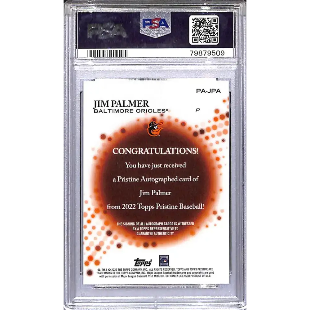 2022 Topps Pristine #PA-JPA Jim Palmer PSA 10 GEM MINT Auto Baltimore Orioles - Baseball Card Single