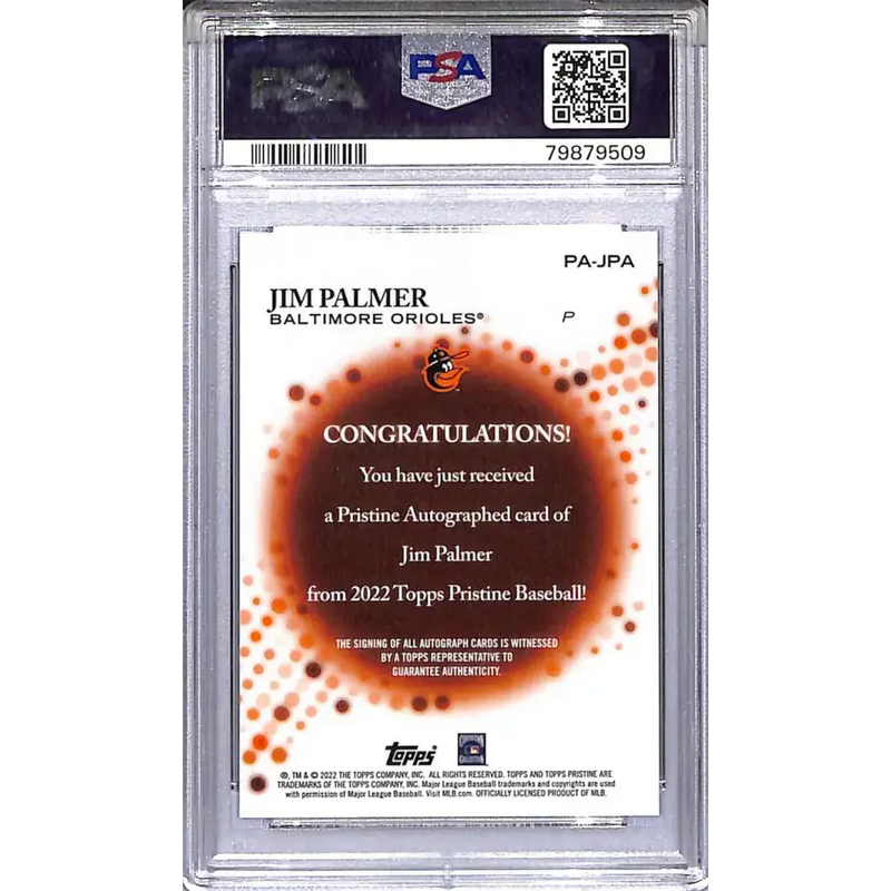 2022 Topps Pristine #PA-JPA Jim Palmer PSA 10 GEM MINT Auto Baltimore Orioles - Baseball Card Single