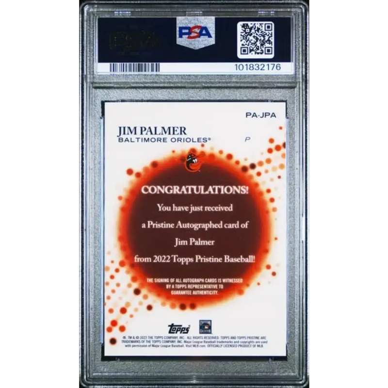 2022 Topps Pristine #PA-JPA Jim Palmer PSA 10 GEM MINT Auto Baltimore Orioles Baseball Card - Baseball Card Single