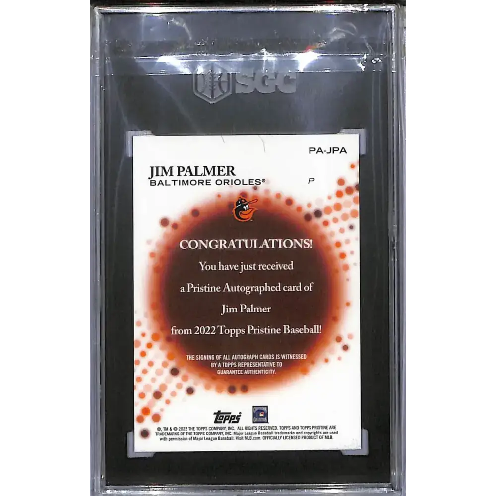2022 Topps Pristine #PA-JPA Jim Palmer SGC 10 Gem Auto Baltimore Orioles - Baseball Card Single