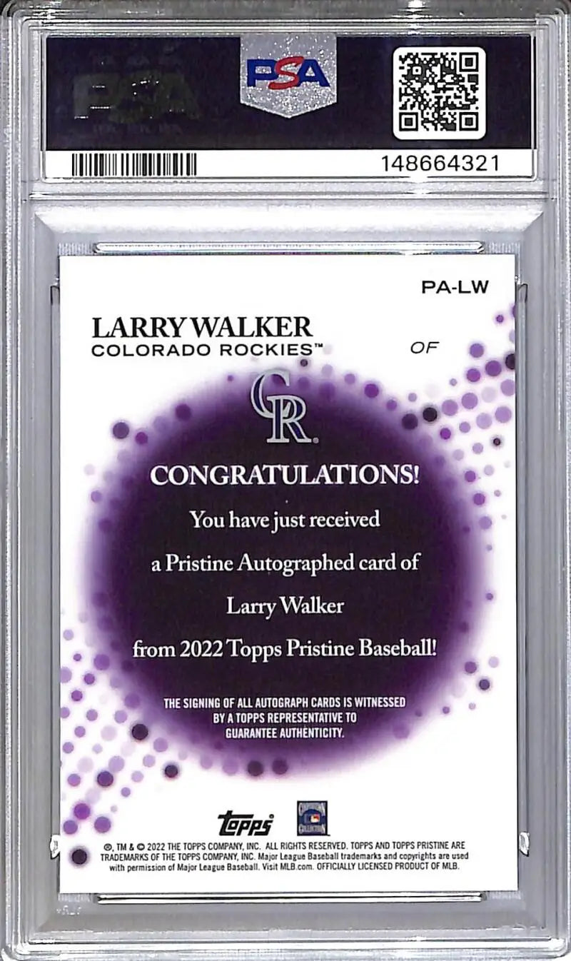 2022 Topps Pristine #PA-LW Larry Walker PSA 10 GEM MINT Auto Colorado Rockies