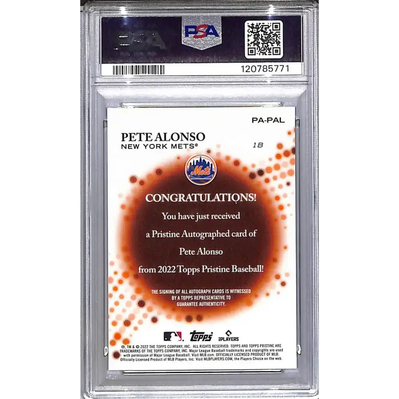 2022 Topps Pristine #PA-PAL Pete Alonso PSA 10 GEM MINT Auto New York Mets - Baseball Card Single