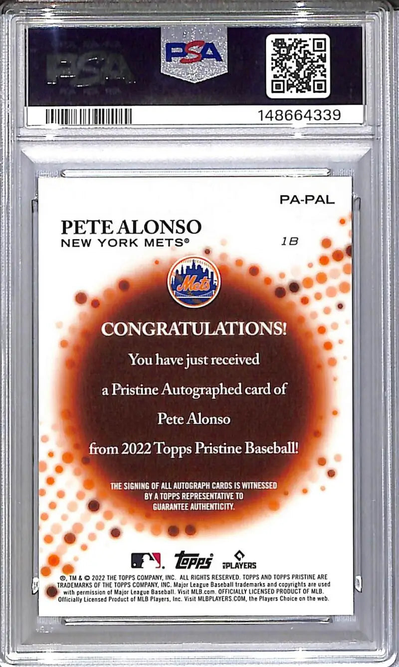 2022 Topps Pristine #PA-PAL Pete Alonso PSA 6 EX-MT Auto New York Mets