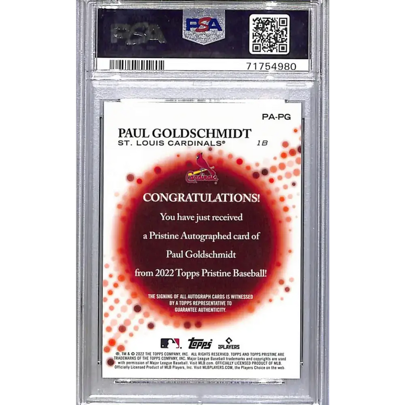 2022 Topps Pristine #PA-PG Paul Goldschmidt PSA 10 GEM MINT Auto St. Louis Cardinals - Baseball Card Single