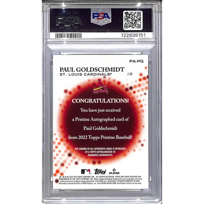 2022 Topps Pristine #PA-PG Paul Goldschmidt PSA 10 GEM MINT Auto St. Louis Cardinals - Baseball Card Single